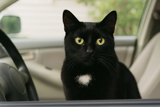Chat noir assis dans une voiture à l’intérieur clair – Litière Pacha