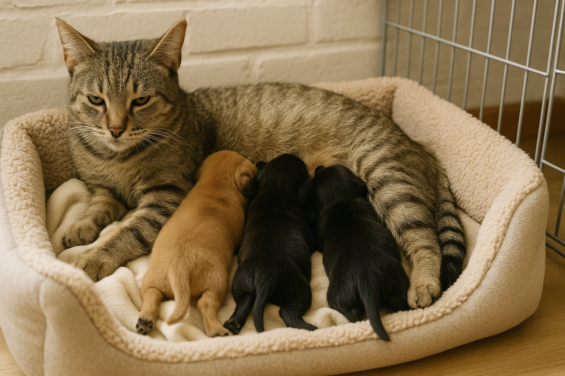Chatte allaitant des chiots orphelins dans un refuge, symbole de compassion et de soin avec Litière Pacha.