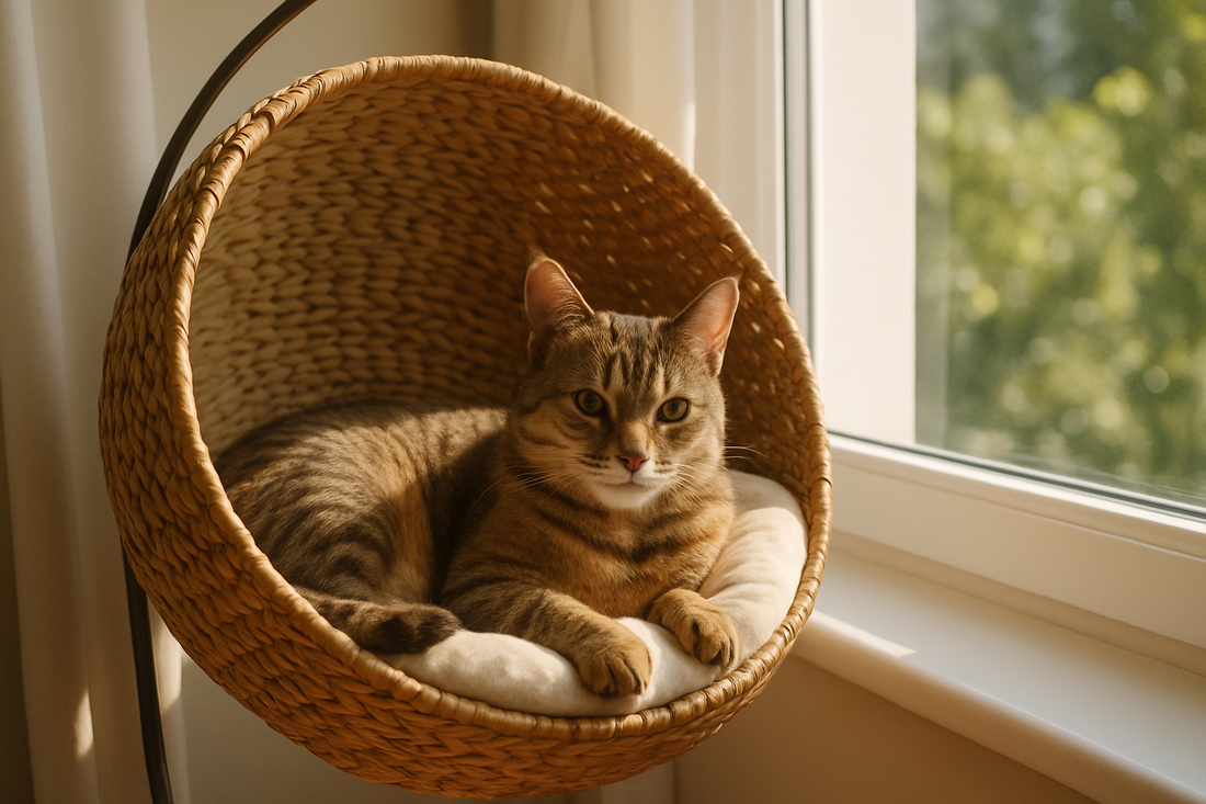 Chat détendu dans un panier suspendu près d’une fenêtre ensoleillée, perchoir confortable et esthétique – Litière Pacha
