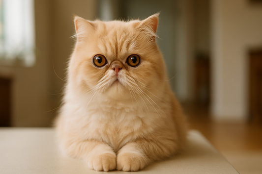 Chat Persan au museau plat assis calmement dans un intérieur lumineux, mettant en avant ses caractéristiques brachycéphales – Litière Pacha