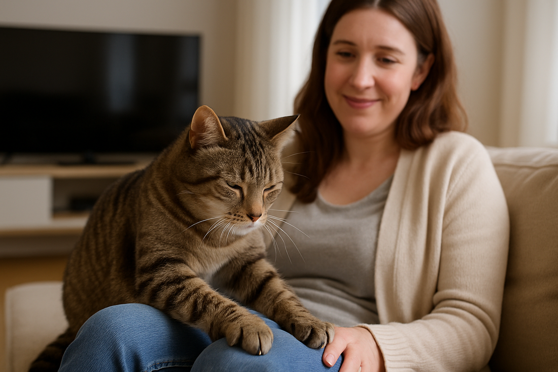 Chat pétrissant les genoux de son propriétaire, signe d’attachement et de confiance, avec Litière Pacha.