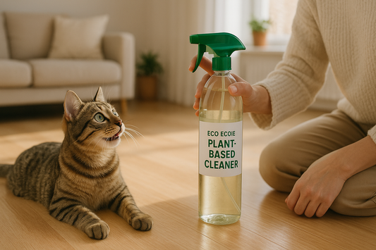 Chat allongé sur un sol fraîchement nettoyé observant son propriétaire tenant un spray écologique à base de plantes, intérieur lumineux et sécurisé – Litière Pacha