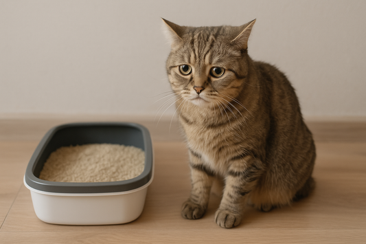 Chat hésitant devant un bac à litière trop petit, montrant comment un équipement inadapté peut provoquer des problèmes de propreté, expliqué avec Litière Pacha.