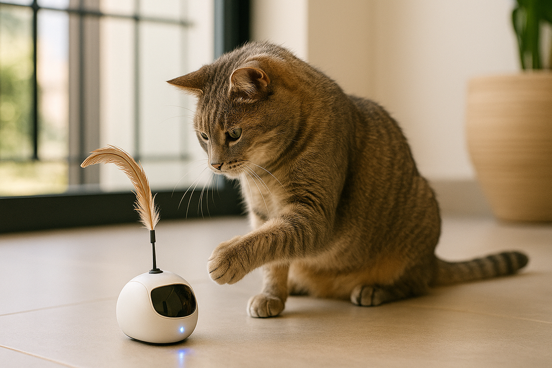 Chat jouant avec un robot compagnon intelligent équipé d’une plume et de lumières dans un intérieur moderne – Litière Pacha