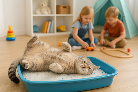 Chat domestique se roulant dans un bac propre rempli de Litière Pacha, comportement naturel et hygiénique.