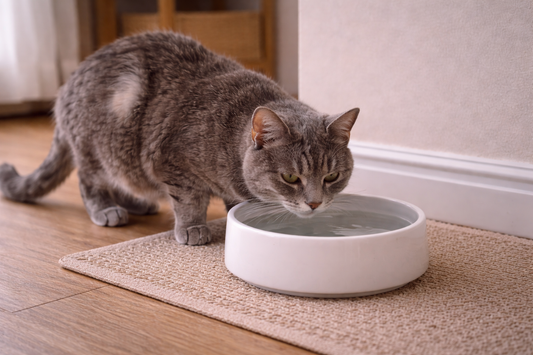 Litière Pacha : chat senior qui boit de l’eau dans un bol large pour soutenir l’hydratation quand il ne mange pas
