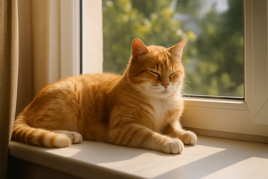 Chat senior reposant sur un rebord de fenêtre ensoleillé, représentant la longue espérance de vie d’un chat d’intérieur grâce à Litière Pacha.