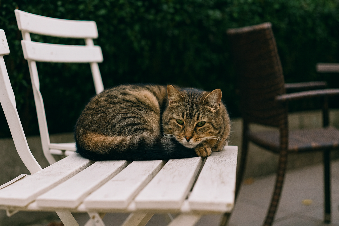 Chat tigré allongé dans un jardin sur une chaise avec des chaises pour invités – Litière Pacha