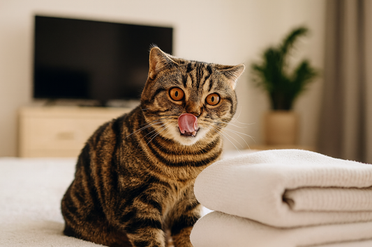 Chat tigré se léchant le nez sur un lit dans une chambre avec télévision – Litière Pacha