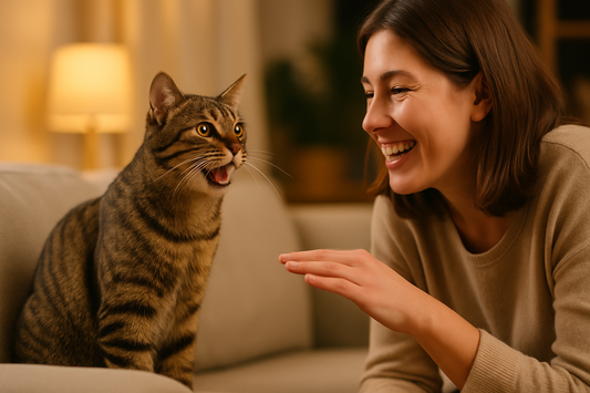 Chat tigré assis sur un canapé miaulant doucement vers sa propriétaire qui sourit et tend la main pour communiquer – Litière Pacha