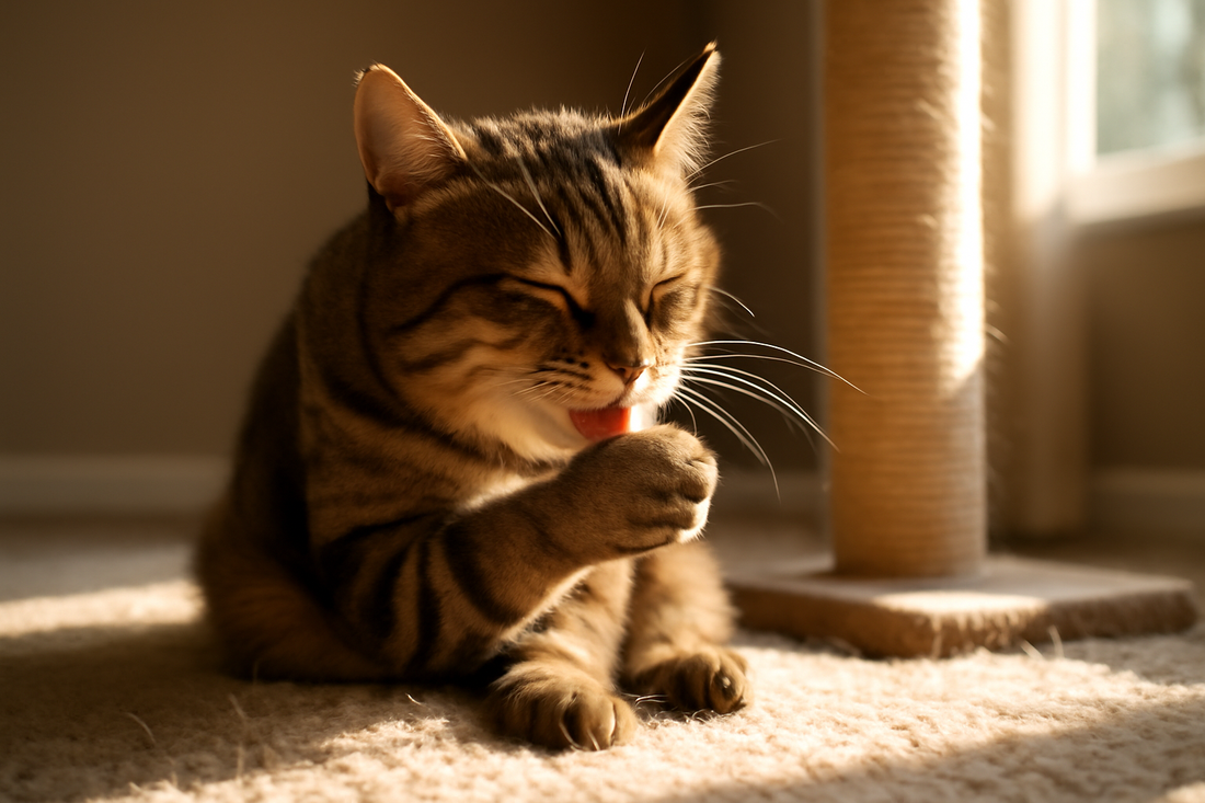 Chat en train de se toiletter tranquillement sur un tapis doux, avec quelques poils tombés autour de lui, lumière douce, symbolisant l’hygiène et la propreté grâce à Litière Pacha.