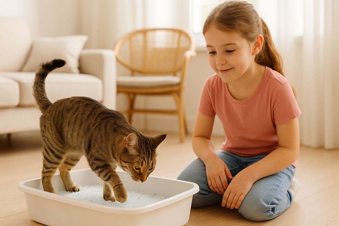 Chat domestique entrant dans un bac rempli de Litière Pacha propre, illustrant confort et hygiène.