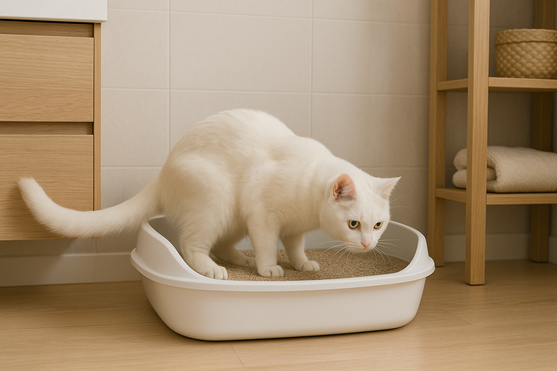 Chat utilisant une litière propre placée dans un coin calme de la salle de bain, illustrant une bonne hygiène et un bon emplacement avec Litière Pacha.