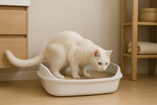 Chat utilisant une litière propre placée dans un coin calme de la salle de bain, illustrant une bonne hygiène et un bon emplacement avec Litière Pacha.