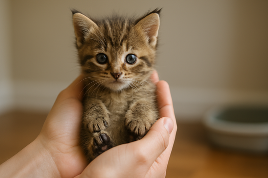 Chaton de 6 semaines tenu délicatement dans les mains, illustrant la petite taille d’Oliver à son adoption avec Litière Pacha.