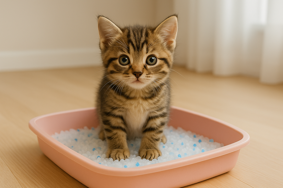 Chaton debout dans un petit bac à litière rempli de cristaux, illustrant les premières étapes de l’apprentissage avec Litière Pacha.