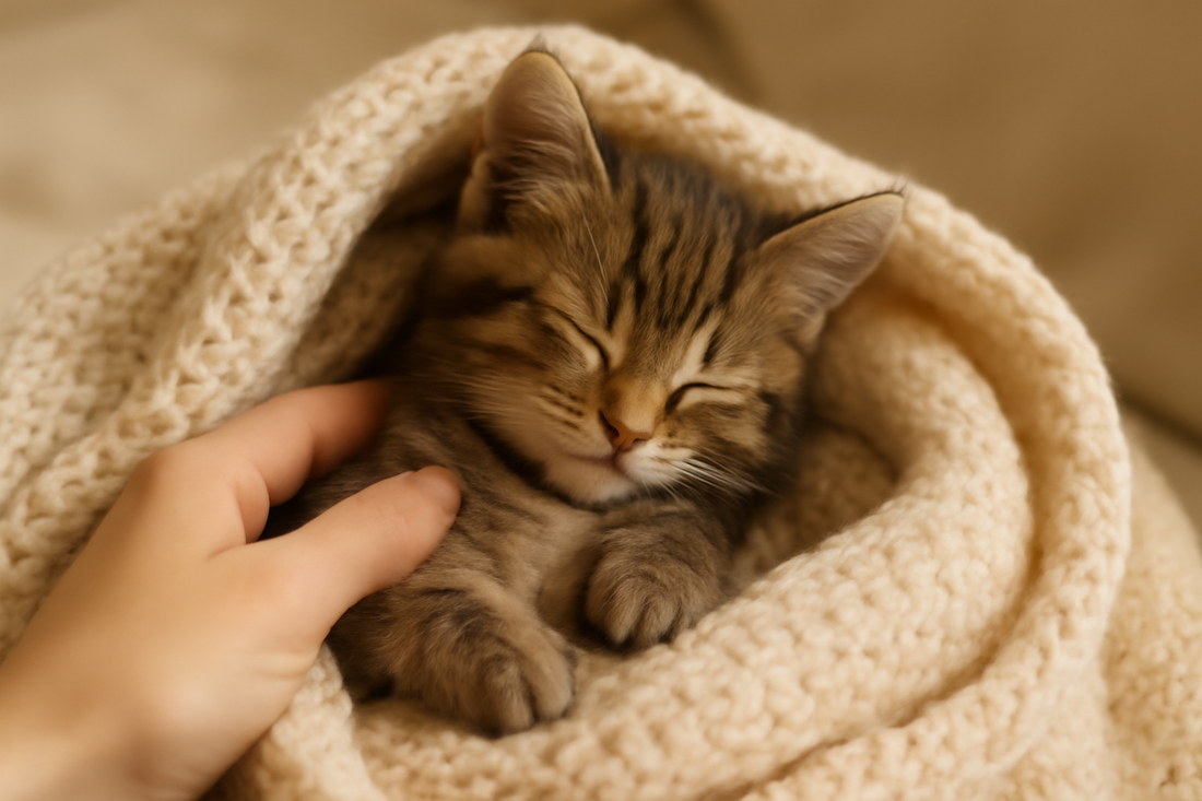 Chaton blotti dans une couverture chaude, tenu doucement par une main humaine, illustrant le lien affectif et les premiers soins avec Litière Pacha.
