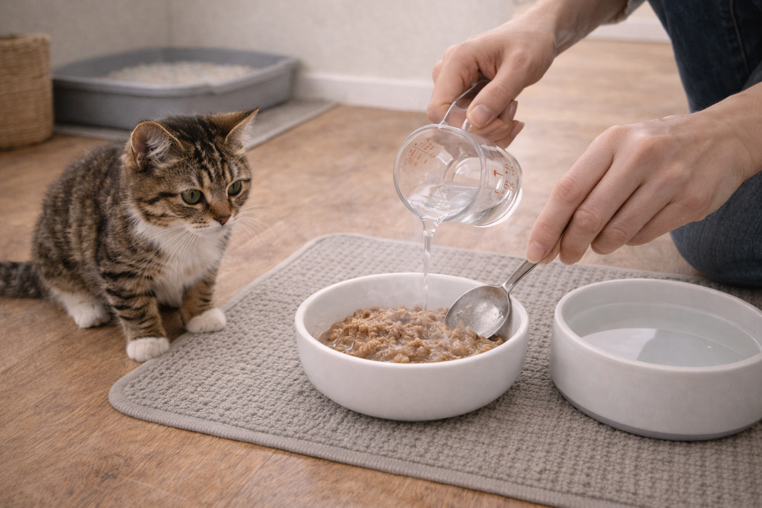 Litière Pacha – Un propriétaire aide un chaton constipé en augmentant l’hydratation avec de la pâtée, dans un intérieur calme et propre.