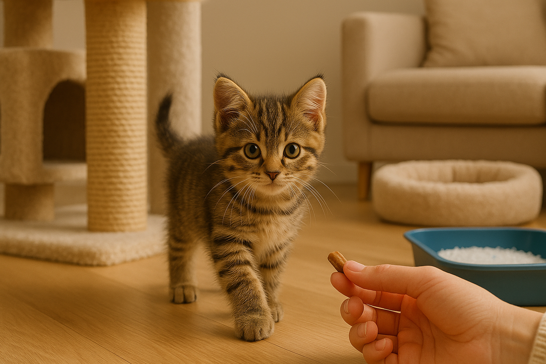Chaton explorant un salon équipé de jouets, griffoir et litière propre Litière Pacha, illustrant un environnement idéal pour bien l’élever.
