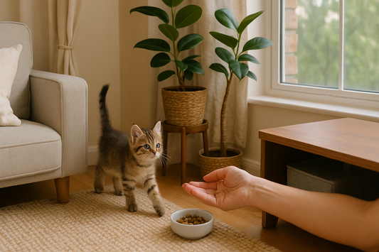 Chaton explorant un salon parfaitement sécurisé avec cordons attachés, câbles cachés et fenêtres protégées, illustrant une maison préparée pour son arrivée grâce à Litière Pacha.