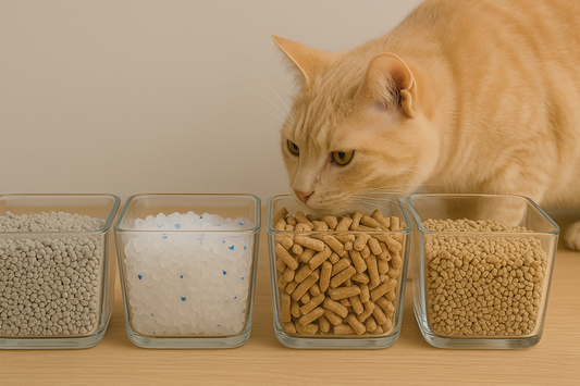 Présentation de différents types de litière (argile, silice, pellets, naturelle) avec un chat curieux les observant, illustrant le choix idéal grâce à Litière Pacha.