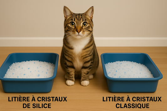 Comparaison de deux bacs à litière, avec un chat choisissant la litière en cristaux haut de gamme Litière Pacha, illustrant la qualité supérieure.
