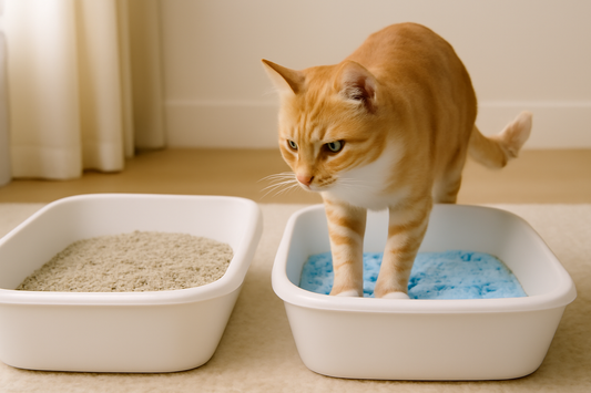 Comparaison entre une litière en cristaux et une litière en argile, avec un chat choisissant la litière en cristaux Litière Pacha, illustrant la qualité supérieure et la propreté.