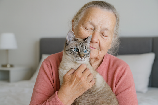 Dame âgée portant un pull rose câlinant un chat dans une chambre moderne – Litière Pacha