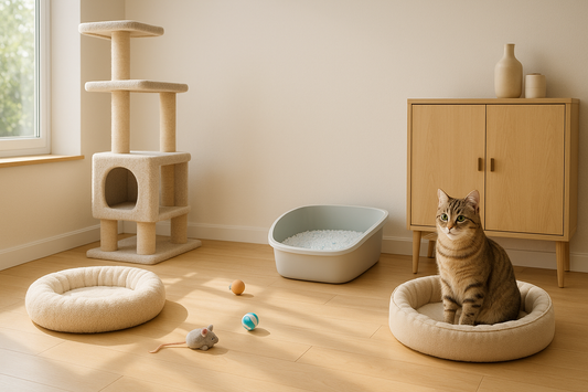 Appartement moderne aménagé pour un chat avec arbre à chat, jouets et bac propre rempli de Litière Pacha, illustrant un environnement enrichi et apaisant.