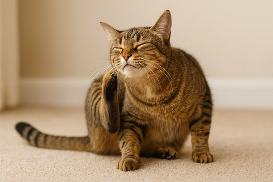 Gros plan d’un propriétaire écartant le pelage d’un chat pour vérifier la présence de puces, avec des points noirs sur un mouchoir, illustrant la détection grâce à Litière Pacha.