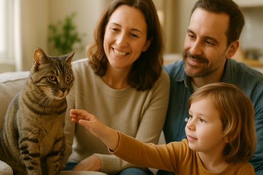 Famille accueillant un chat adopté avec douceur, un enfant tendant la main avec précaution dans un salon lumineux – Litière Pacha