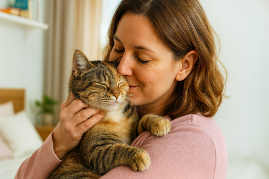 Femme d’une trentaine d’années en pull rose câlinant son chat dans une chambre – Litière Pacha