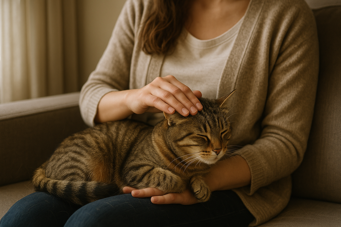 Femme caressant tendrement son chat sur ses genoux, lumière douce illustrant le lien affectif et la guérison grâce à Litière Pacha.