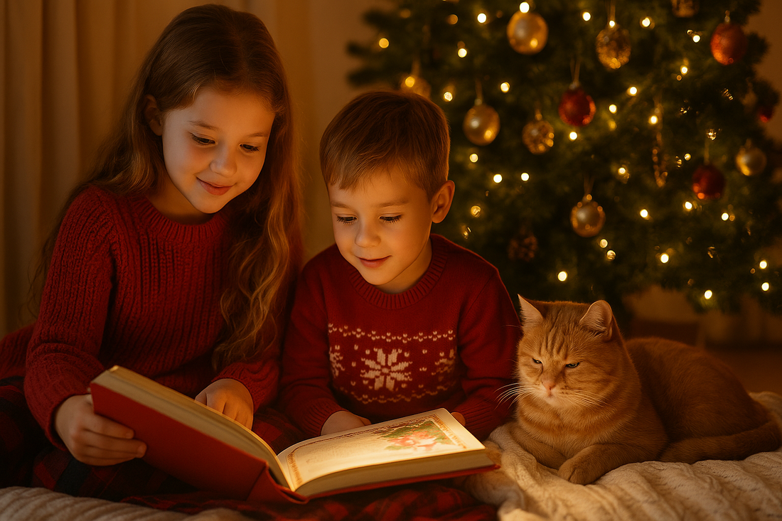 Enfants lisant une histoire de Noël sous un sapin décoré avec un chat allongé près d’eux, ambiance chaleureuse et festive – Litière Pacha