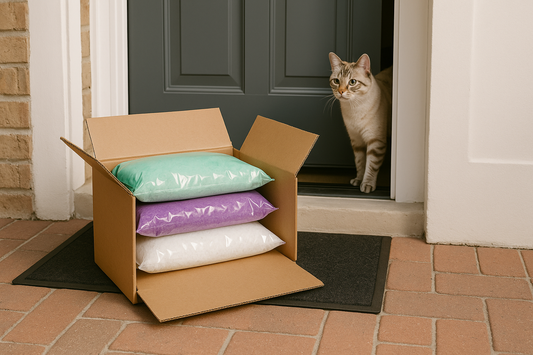 Colis de litière livré devant une porte avec un chat curieux, illustrant la commodité et la livraison mensuelle grâce à Litière Pacha.