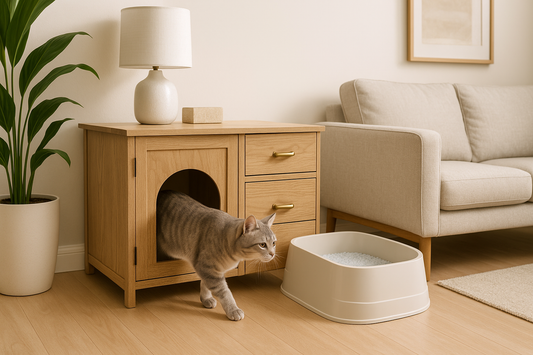 Meuble moderne transformé en cache-litière élégant avec un chat entrant dans le bac, illustrant un intérieur propre et esthétique grâce à Litière Pacha.