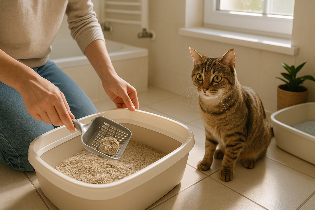 Propriétaire nettoyant quotidiennement un bac à litière dans une salle de bain éclairée et aérée, illustrant la réduction des odeurs grâce à Litière Pacha.