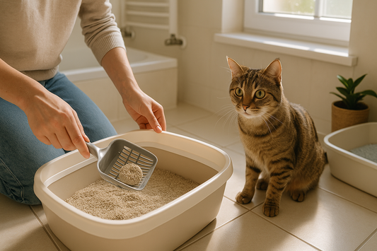 Propriétaire nettoyant quotidiennement un bac à litière dans une salle de bain éclairée et aérée, illustrant la réduction des odeurs grâce à Litière Pacha.