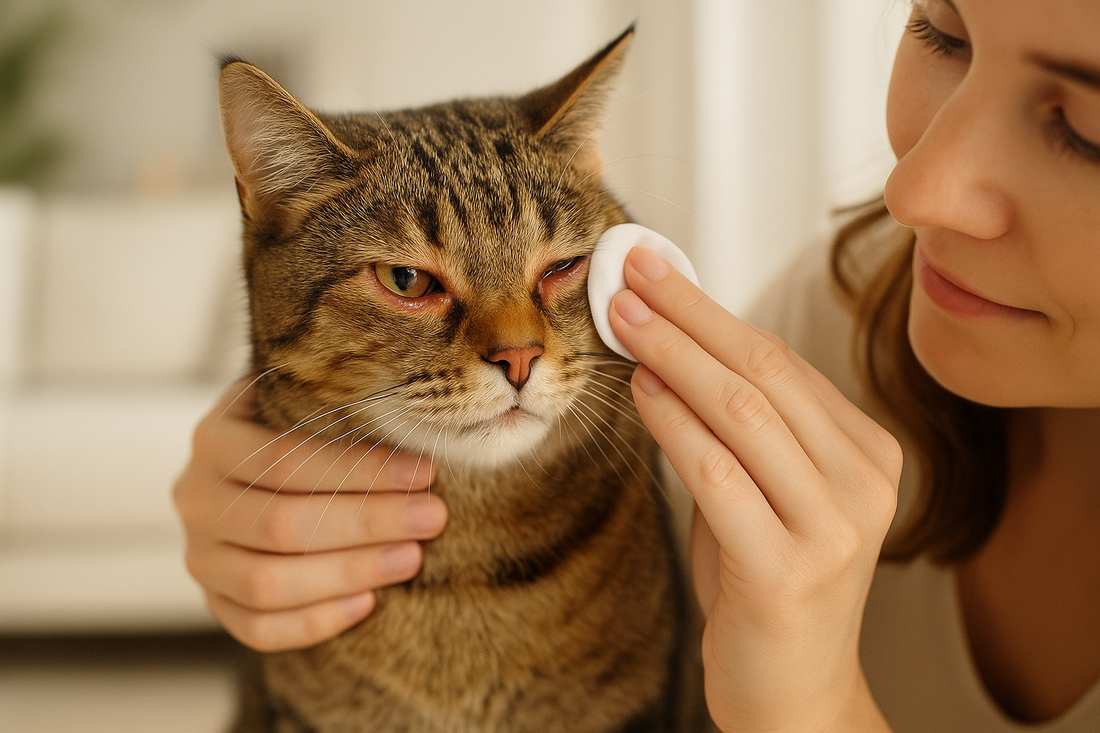 Propriétaire nettoyant doucement les yeux larmoyants de son chat, prévention et confort avec Litière Pacha.