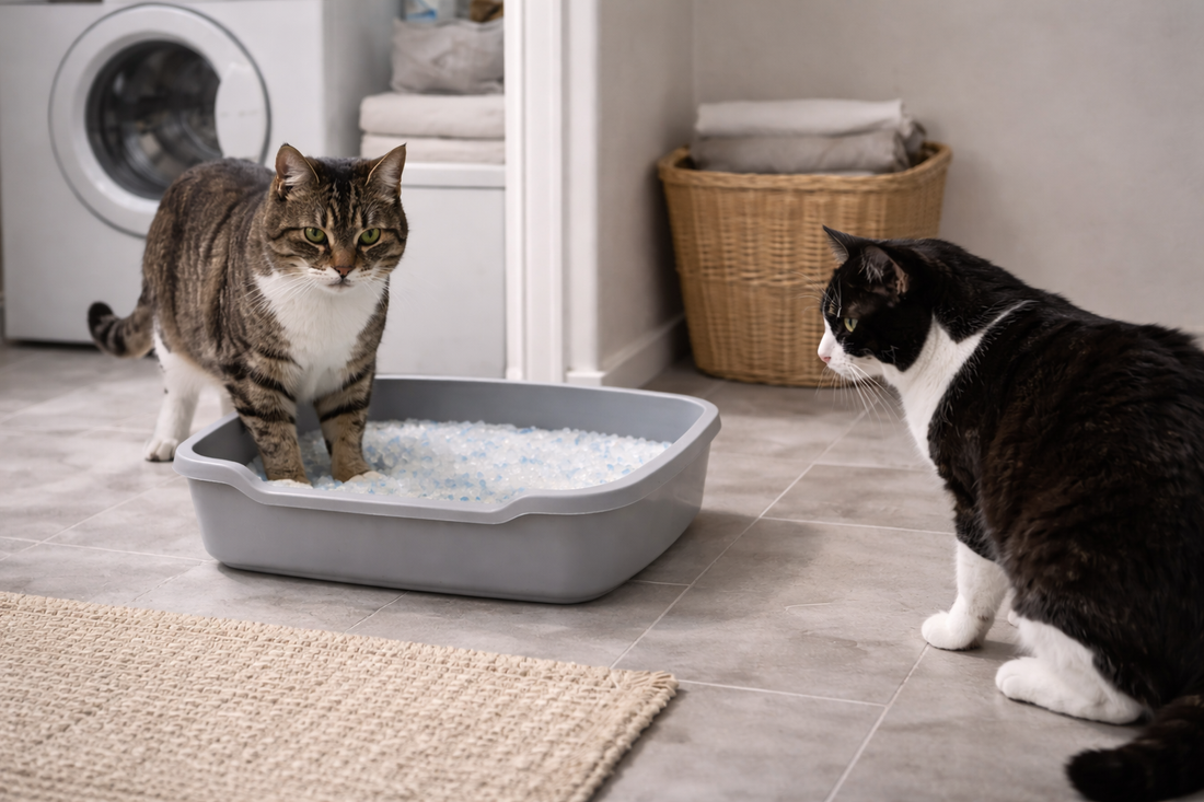 Deux chats partageant un seul bac : signes de stress et d’évitement autour de la litière avec Litière Pacha