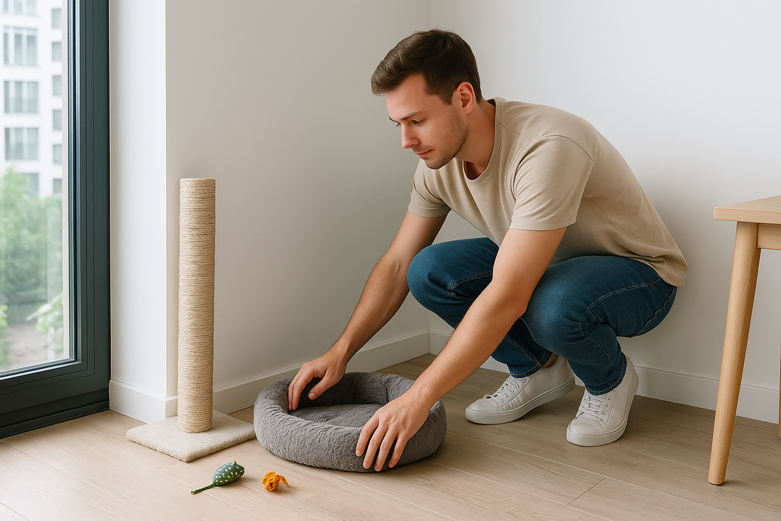 Propriétaire préparant un coin confortable avec griffoir et jouets pour accueillir un premier chat, avec Litière Pacha.
