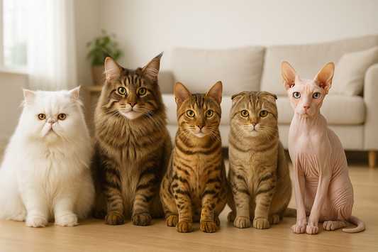 Différentes races de chats comme le Persan, le Maine Coon, le Bengal, le Scottish Fold et le Sphynx posant dans un salon lumineux, illustrant la diversité féline avec Litière Pacha.