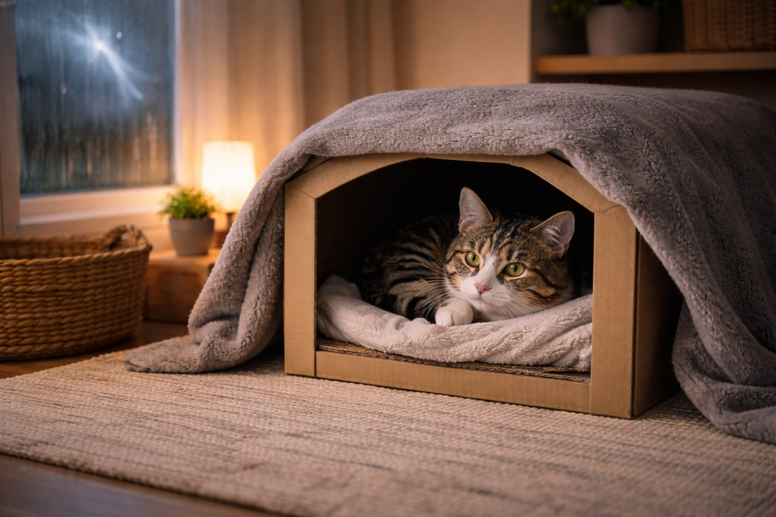 Litière Pacha : refuge sécurisé et confortable pour calmer un chat anxieux pendant un orage