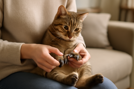 Propriétaire taillant les griffes d’un chat détendu dans une pièce calme avec Litière Pacha.
