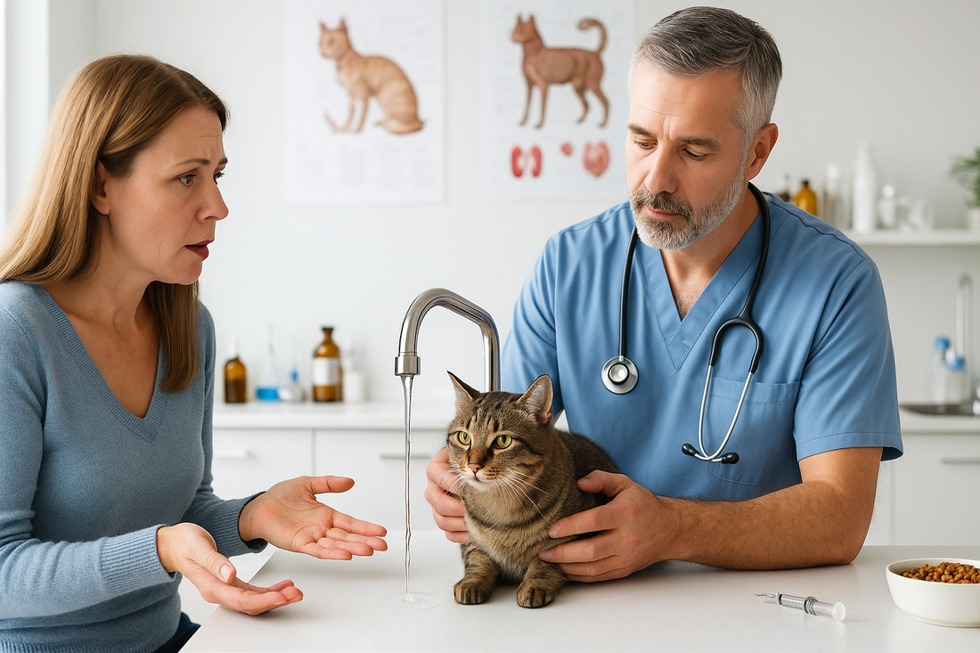 Vétérinaire examinant un chat de maison avec sa propriétaire inquiète dans une clinique lumineuse – Litière Pacha