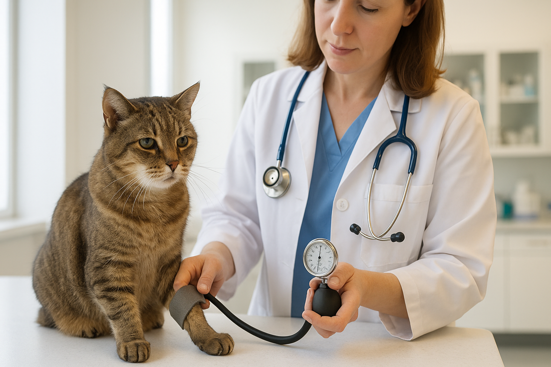 Vétérinaire mesurant la tension artérielle d’un chat senior à l’aide d’un brassard, dans une clinique lumineuse – Litière Pacha