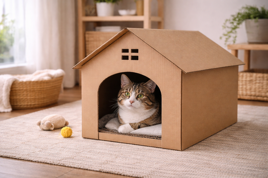 Maison pour chat DIY en carton offrant un refuge confortable et sécurisé à l’intérieur du foyer – Litière Pacha