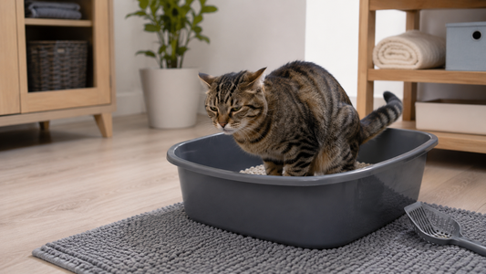 Chat dans sa litière montrant des signes de maladie urinaire avec inconfort – Litière Pacha