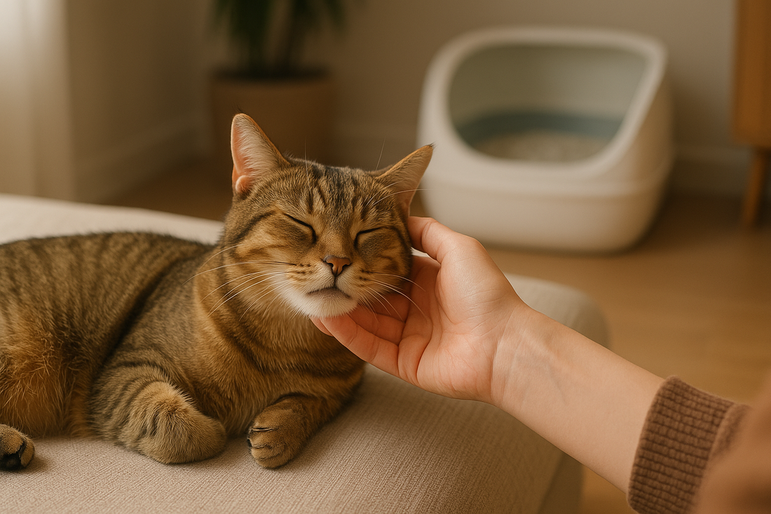 Massage relaxant du chat à la maison favorisant le bien-être et la détente, environnement calme et propre avec Litière Pacha