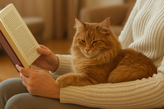 Chat norvégien sur les genoux dans une maison chaleureuse avec Litière Pacha